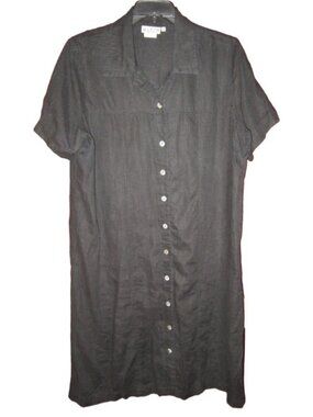VTG Match Plus Size 1X 100% Linen Midi Long Dress Black Button Short Sleeve USA